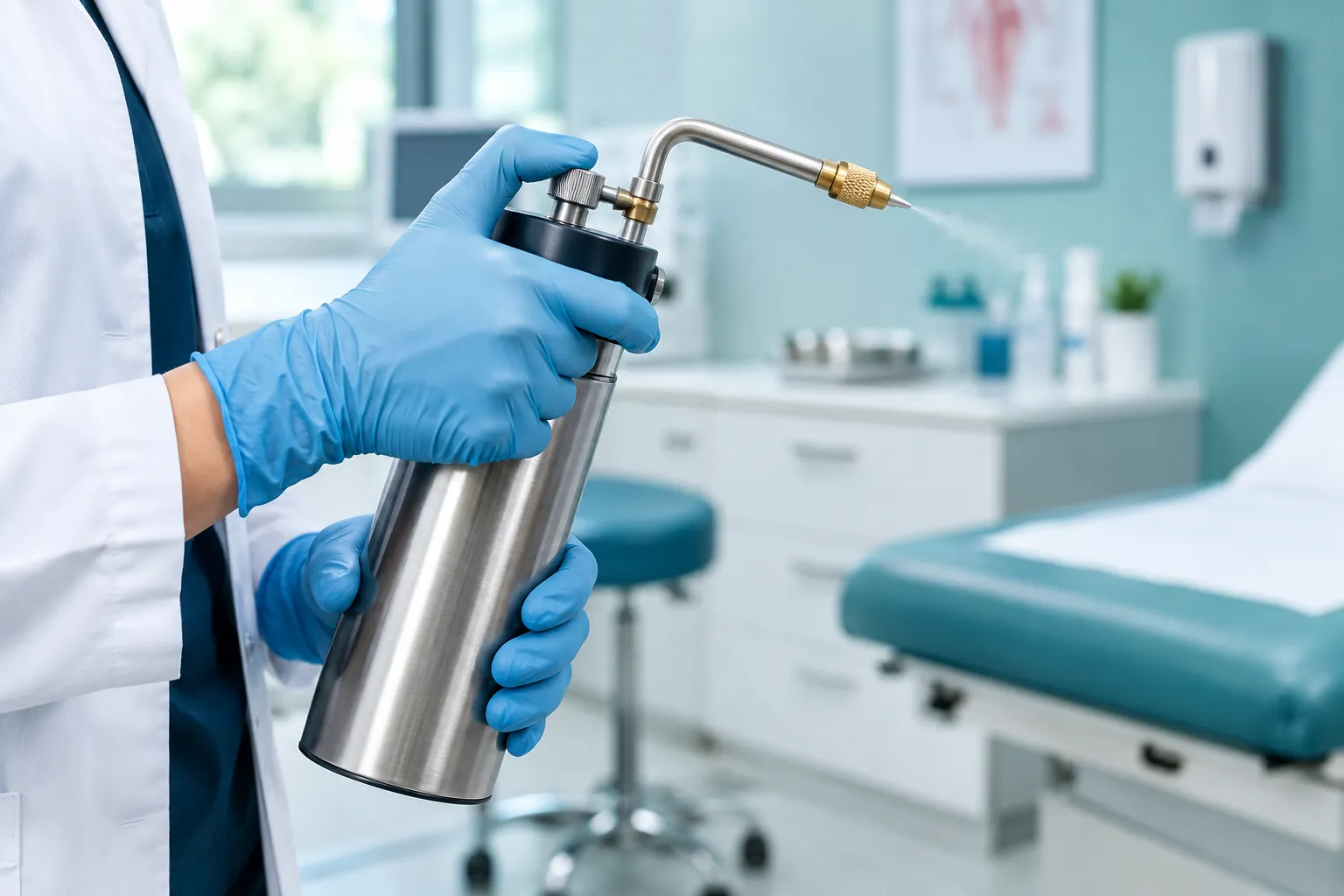 Editorial () cover image for a medical health article about cryotherapy treatment for genital warts. Clean clinical